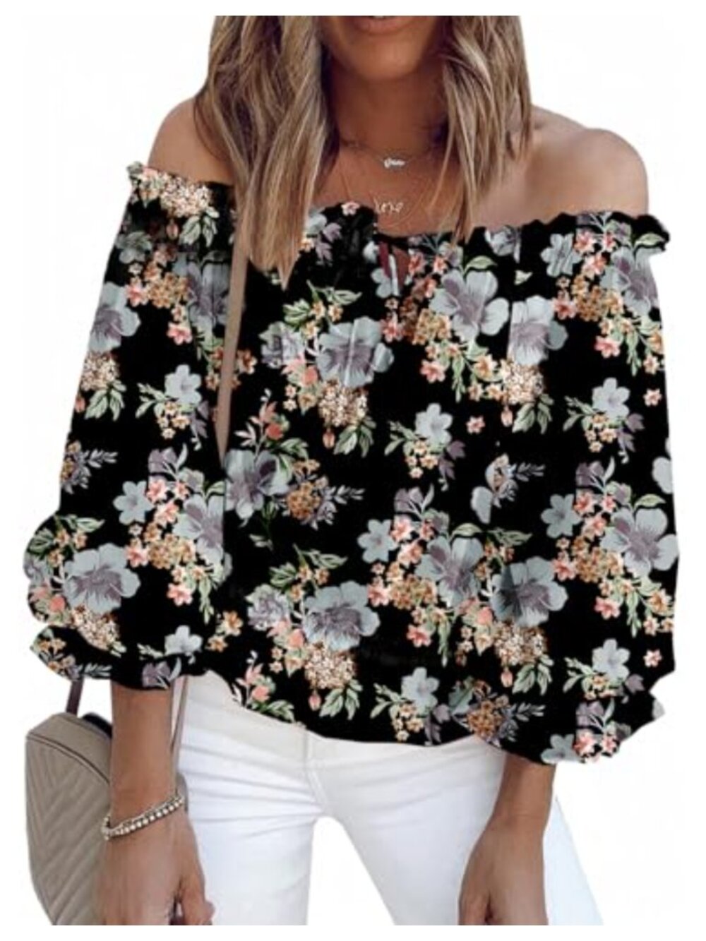 Women's Ruffle Sleeve Off Shoulder Chiffon Blouse Floral Print Summer